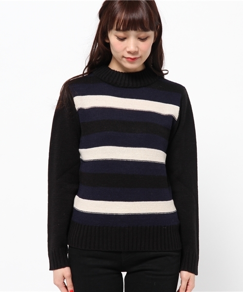 mystic（ミスティック）の「太ボーダーKNITプルオーバー（ニット/セーター・レディース・ライトグレー/ネイビー/ブラック/オフホワイト・ﾌﾘ-）」の5枚目の写真