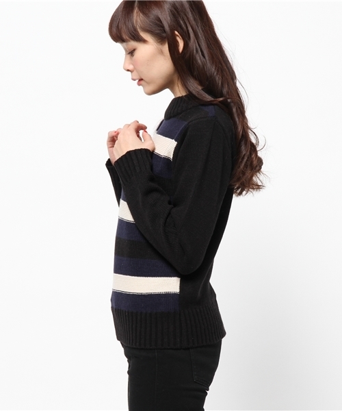 mystic（ミスティック）の「太ボーダーKNITプルオーバー（ニット/セーター・レディース・ライトグレー/ネイビー/ブラック/オフホワイト・ﾌﾘ-）」の6枚目の写真