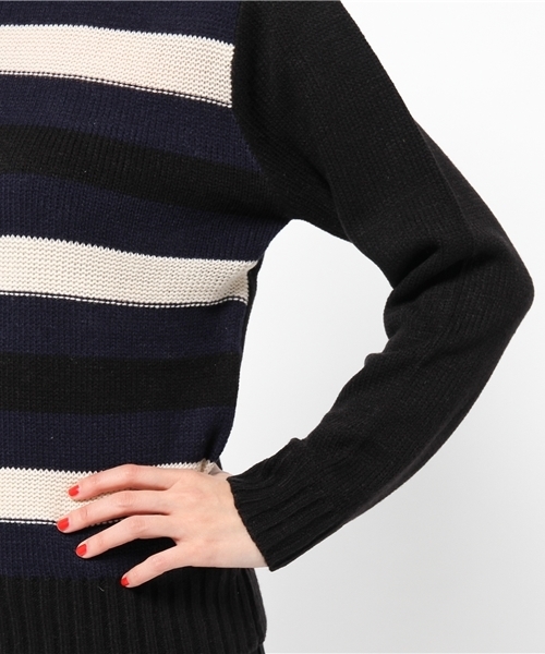 mystic（ミスティック）の「太ボーダーKNITプルオーバー（ニット/セーター・レディース・ライトグレー/ネイビー/ブラック/オフホワイト・ﾌﾘ-）」の9枚目の写真