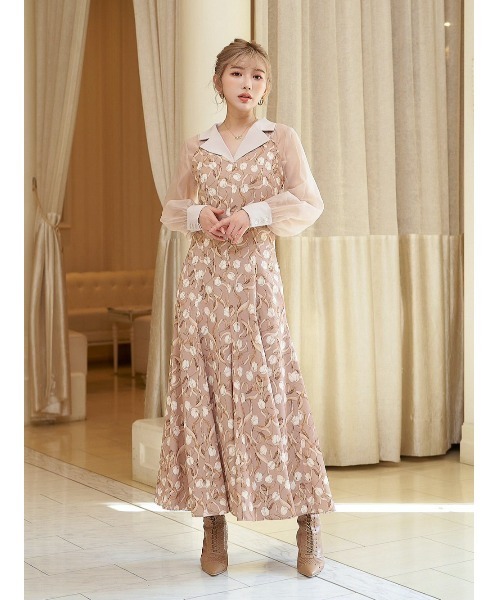 セール】フラワーパターンレイヤードワンピース（ワンピース