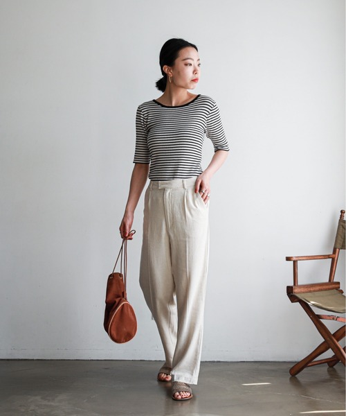 feepur（フェピュール）の「【ハンドウォッシャブル】カッティングショルダーハーフスリーブリブニット（ニット/セーター・レディース・ホワイト×ブラック/オレンジ/ホワイト×ピンク/オフホワイト/ブラック・MEDIUM）」の9枚目の写真