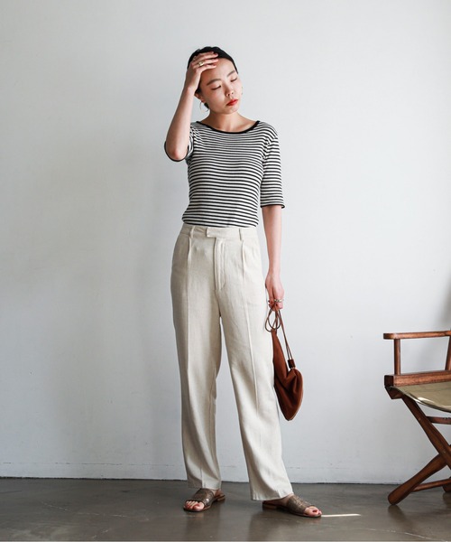 feepur（フェピュール）の「【ハンドウォッシャブル】カッティングショルダーハーフスリーブリブニット（ニット/セーター・レディース・ホワイト×ブラック/オレンジ/ホワイト×ピンク/オフホワイト/ブラック・MEDIUM）」の12枚目の写真