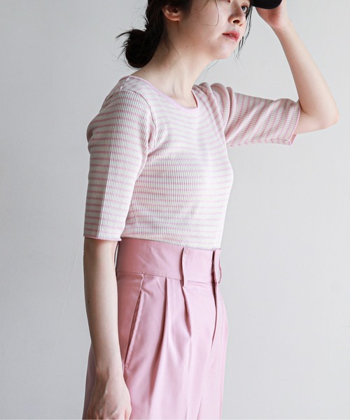 feepur（フェピュール）の「【ハンドウォッシャブル】カッティングショルダーハーフスリーブリブニット（ニット/セーター・レディース・ホワイト×ブラック/オレンジ/ホワイト×ピンク/オフホワイト/ブラック・MEDIUM）」の18枚目の写真