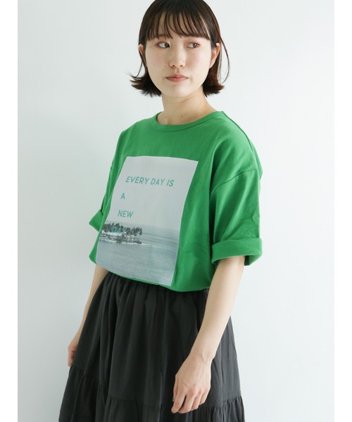 sm2rhythm（サマンサモスモスリズム）の「リサイクル天竺プリントTシャツ（Tシャツ/カットソー・レディース・ホワイト/ベージュ/グリーン/ブルー・ﾌﾘ-）」の3枚目の写真