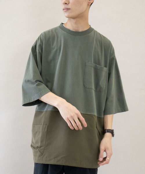 CRAFT STANDARD BOUTIQUE(クラフトスタンダードブティック)の「ピグメント切り替えH/S-TEE-B *(Tシャツ/カットソー・メンズ・ブラック/カーキ/アイボリー・LL/M/L)」の1枚目の写真