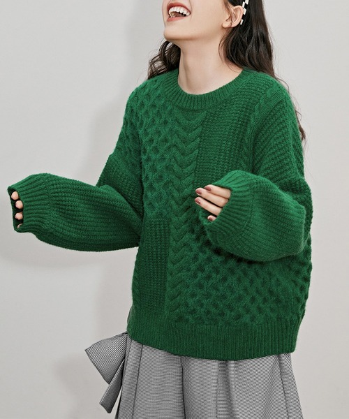 LOPASS(ロパス)の「ジャカード織 クルーネックニットトップス(ニット/セーター・レディース・ブラウン/グリーン/レッド/アイボリー・M)」の3枚目の写真