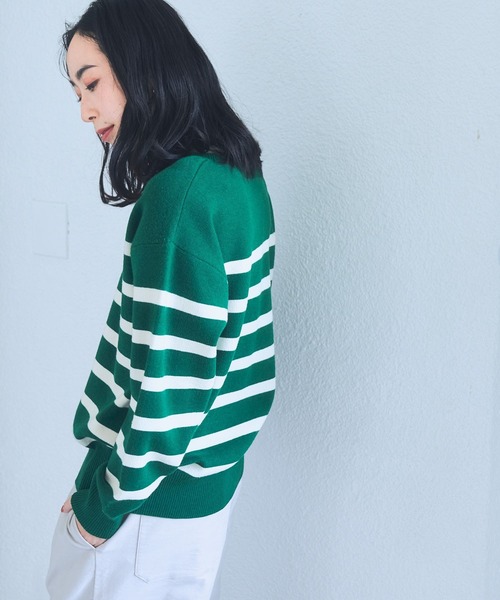 studio CLIP（スタディオクリップ）の「【お手入れラクラクニット】12ゲージソフィニーボーダープルオーバー（ニット/セーター・レディース・ブラック/ネイビー/オレンジ/グリーン/オフホワイト/モカ・FREE）」の5枚目の写真