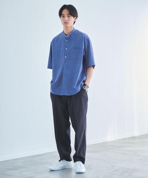 green label relaxing(グリーンレーベルリラクシング)の「麻/ポリエステル/レーヨン/ポリウレタン ストライプ ワイド テーパード パンツ(その他パンツ・メンズ・ネイビー/ベージュ・M/S/L/XL)」の3枚目の写真