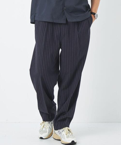 green label relaxing(グリーンレーベルリラクシング)の「麻/ポリエステル/レーヨン/ポリウレタン ストライプ ワイド テーパード パンツ(その他パンツ・メンズ・ネイビー/ベージュ・M/S/L/XL)」の4枚目の写真