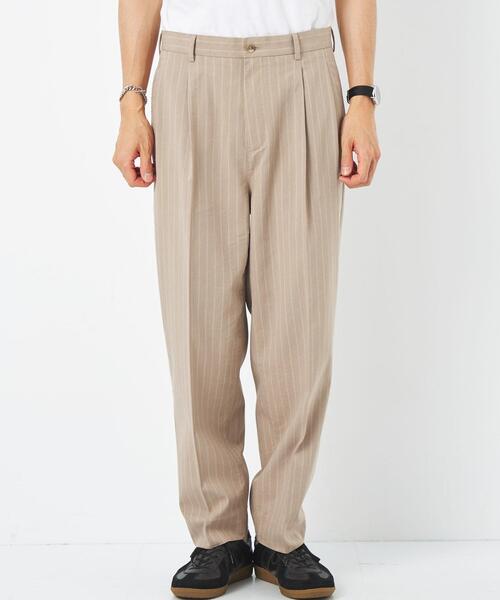 green label relaxing(グリーンレーベルリラクシング)の「麻/ポリエステル/レーヨン/ポリウレタン ストライプ ワイド テーパード パンツ(その他パンツ・メンズ・ネイビー/ベージュ・M/S/L/XL)」の5枚目の写真