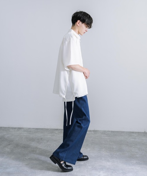 Rocky Monroe(ロッキーモンロー)の「オーバーサイズ 日本製 ポリエステルトロ ドローストラップデザイン 半袖シャツ(シャツ/ブラウス・メンズ・ブラック/ホワイト・L/M)」の5枚目の写真