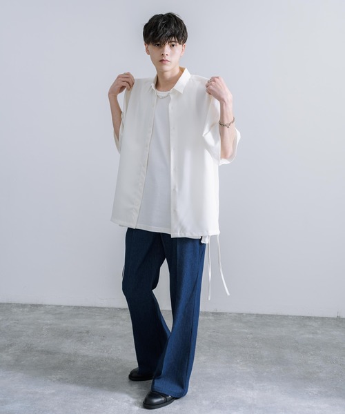 Rocky Monroe(ロッキーモンロー)の「オーバーサイズ 日本製 ポリエステルトロ ドローストラップデザイン 半袖シャツ(シャツ/ブラウス・メンズ・ブラック/ホワイト・L/M)」の6枚目の写真
