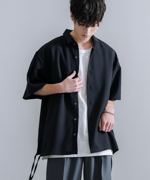 Rocky Monroe(ロッキーモンロー)の「オーバーサイズ 日本製 ポリエステルトロ ドローストラップデザイン 半袖シャツ(シャツ/ブラウス・メンズ・ブラック/ホワイト・L/M)」の9枚目の写真