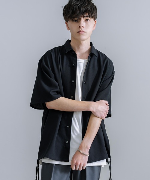 Rocky Monroe(ロッキーモンロー)の「オーバーサイズ 日本製 ポリエステルトロ ドローストラップデザイン 半袖シャツ(シャツ/ブラウス・メンズ・ブラック/ホワイト・L/M)」の12枚目の写真