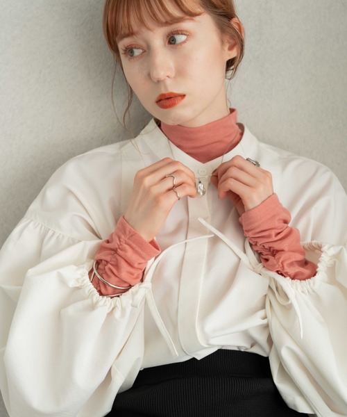 ギャザーハイネックシアートップス（Tシャツ/カットソー）｜hinari