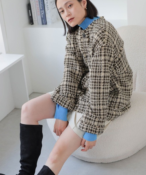 LOWRYS FARM（ローリーズファーム）の「ツイードジャケット　962937（ノーカラージャケット・レディース・ブラック/アイボリー/ブラウン・FREE）」の9枚目の写真