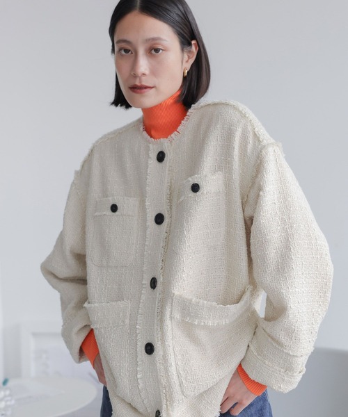 LOWRYS FARM（ローリーズファーム）の「ツイードジャケット　962937（ノーカラージャケット・レディース・ブラック/アイボリー/ブラウン・FREE）」の15枚目の写真