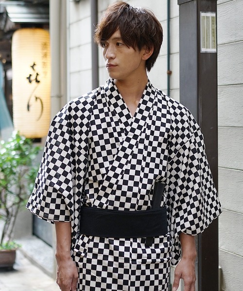 白黒 竹柄 チェック柄 浴衣 MinoriTY】チェック柄デザイン浴衣 浴衣＋腰帯 夏祭りセット