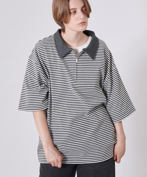 ONCILY（オンシェリー）の「BORDER HALF ZIP POLO SHIRT / ボーダーハーフジップポロシャツ（ポロシャツ・メンズ・ブルー/グレー/ネイビー・LARGE/MEDIUM）」の2枚目の写真