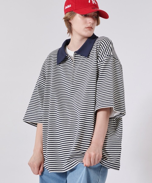 ONCILY（オンシェリー）の「BORDER HALF ZIP POLO SHIRT / ボーダーハーフジップポロシャツ（ポロシャツ・メンズ・ブルー/グレー/ネイビー・LARGE/MEDIUM）」の12枚目の写真
