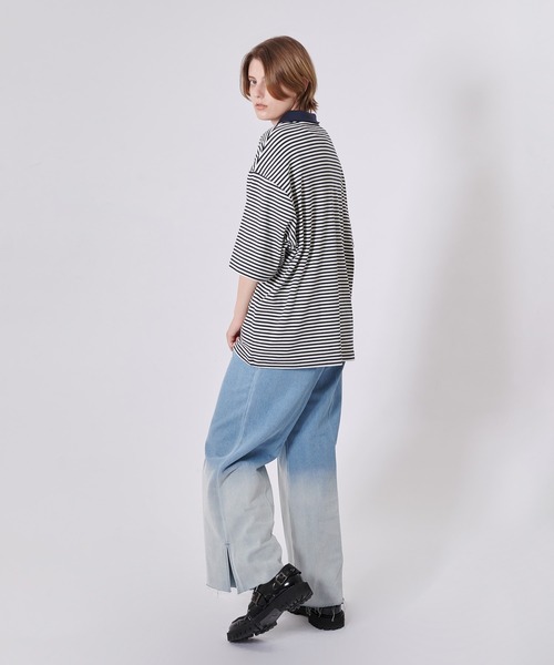 ONCILY（オンシェリー）の「BORDER HALF ZIP POLO SHIRT / ボーダーハーフジップポロシャツ（ポロシャツ・メンズ・ブルー/グレー/ネイビー・LARGE/MEDIUM）」の4枚目の写真