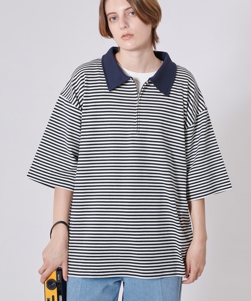 ONCILY（オンシェリー）の「BORDER HALF ZIP POLO SHIRT / ボーダーハーフジップポロシャツ（ポロシャツ・メンズ・ブルー/グレー/ネイビー・LARGE/MEDIUM）」の9枚目の写真