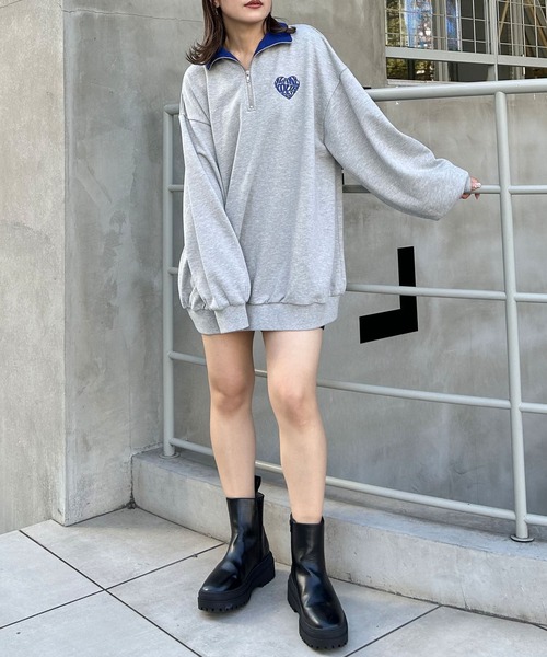 INGNI（イング）の「ハーフZIP襟配色BACKサガラハートチュニック（スウェット・レディース・グレー/チャコールグレー/オートミール・M）」の7枚目の写真