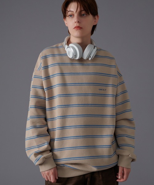 ONCILY(オンシェリー)の「BORDER LOOSE SWEAT / ボーダールーズスウェット(スウェット・メンズ・ネイビー/ベージュ・LARGE/MEDIUM)」の1枚目の写真