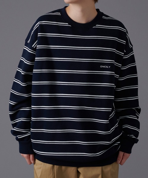 ONCILY(オンシェリー)の「BORDER LOOSE SWEAT / ボーダールーズスウェット(スウェット・メンズ・ネイビー/ベージュ・LARGE/MEDIUM)」の6枚目の写真