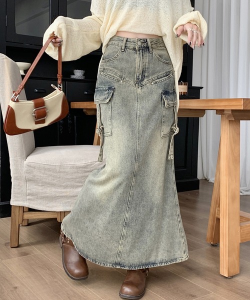 【HOOK】for girls ヴィンテージ風Aラインウォッシュデニムスカート（デニムスカート）｜HOOK（フック）