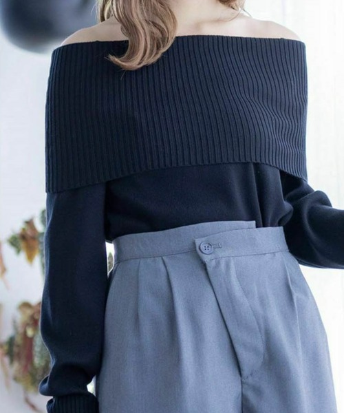 clear（クリア）の「≪再入荷≫オフショル長袖ニットトップス［フェミニン 着回し抜群 スタイルアップ］（ニット/セーター・レディース・ブラック/オフホワイト/ブラック×ホワイト・F）」の2枚目の写真