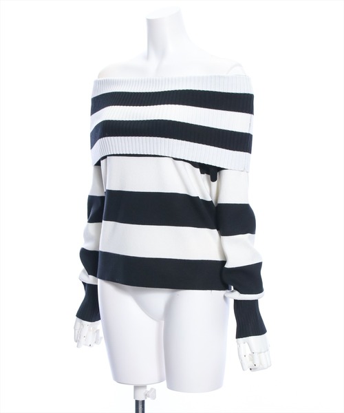 clear（クリア）の「≪再入荷≫オフショル長袖ニットトップス［フェミニン 着回し抜群 スタイルアップ］（ニット/セーター・レディース・ブラック/オフホワイト/ブラック×ホワイト・F）」の10枚目の写真