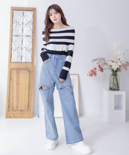 clear（クリア）の「≪再入荷≫オフショル長袖ニットトップス［フェミニン 着回し抜群 スタイルアップ］（ニット/セーター・レディース・ブラック/オフホワイト/ブラック×ホワイト・F）」の21枚目の写真