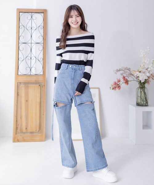 clear（クリア）の「≪再入荷≫オフショル長袖ニットトップス［フェミニン 着回し抜群 スタイルアップ］（ニット/セーター・レディース・ブラック/オフホワイト/ブラック×ホワイト・F）」の22枚目の写真