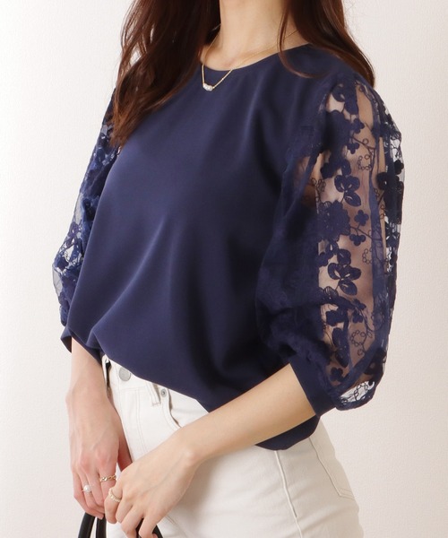 Lace Ladies(レースレディース)の「レース袖 切替え 7分袖 クルーネック プルオーバー(シャツ/ブラウス・レディース・ホワイト/ピンク/ネイビー/ブラック・S/FREE)」の3枚目の写真