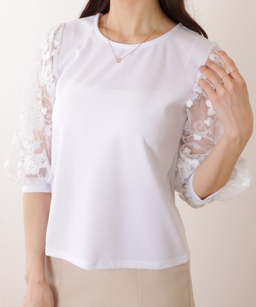 Lace Ladies(レースレディース)の「レース袖 切替え 7分袖 クルーネック プルオーバー(シャツ/ブラウス・レディース・ホワイト/ピンク/ネイビー/ブラック・S/FREE)」の1枚目の写真