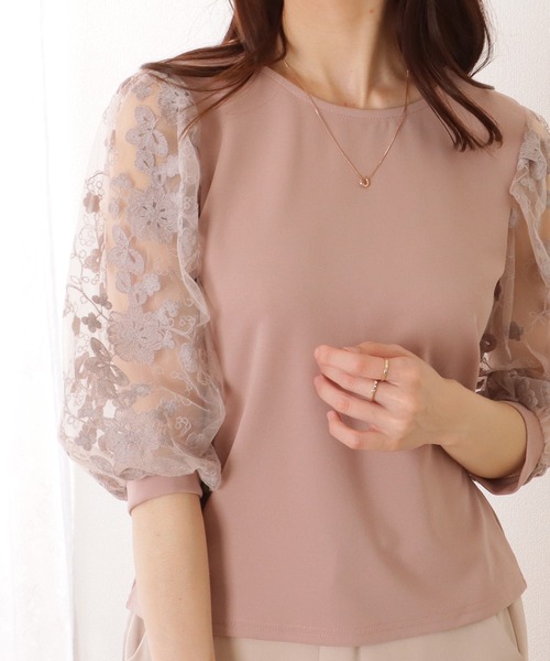 Lace Ladies(レースレディース)の「レース袖 切替え 7分袖 クルーネック プルオーバー(シャツ/ブラウス・レディース・ホワイト/ピンク/ネイビー/ブラック・S/FREE)」の4枚目の写真