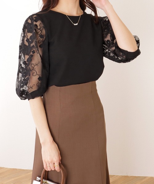 Lace Ladies(レースレディース)の「レース袖 切替え 7分袖 クルーネック プルオーバー(シャツ/ブラウス・レディース・ホワイト/ピンク/ネイビー/ブラック・S/FREE)」の5枚目の写真