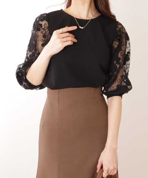 Lace Ladies(レースレディース)の「レース袖 切替え 7分袖 クルーネック プルオーバー(シャツ/ブラウス・レディース・ホワイト/ピンク/ネイビー/ブラック・S/FREE)」の9枚目の写真