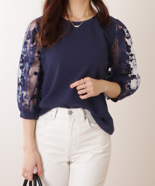 Lace Ladies(レースレディース)の「レース袖 切替え 7分袖 クルーネック プルオーバー(シャツ/ブラウス・レディース・ホワイト/ピンク/ネイビー/ブラック・S/FREE)」の10枚目の写真