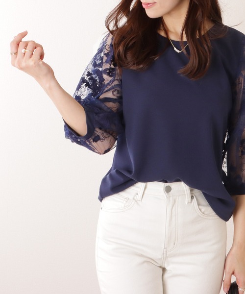Lace Ladies(レースレディース)の「レース袖 切替え 7分袖 クルーネック プルオーバー(シャツ/ブラウス・レディース・ホワイト/ピンク/ネイビー/ブラック・S/FREE)」の12枚目の写真