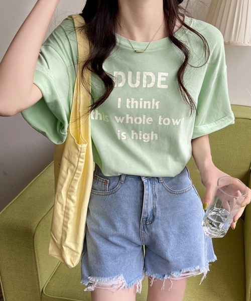 Miniministore（ミニミニストア）の「英字ロゴプリント半袖Tシャツスリット入り（Tシャツ/カットソー・レディース・ホワイト/イエロー/ライトブルー/ミント・L/M/XL）」の2枚目の写真