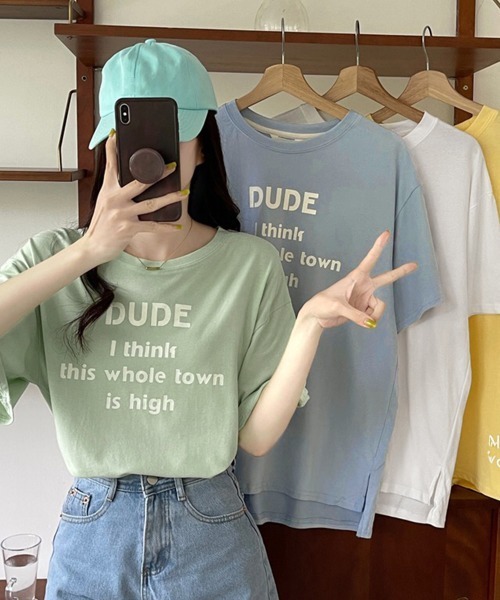 Miniministore（ミニミニストア）の「英字ロゴプリント半袖Tシャツスリット入り（Tシャツ/カットソー・レディース・ホワイト/イエロー/ライトブルー/ミント・L/M/XL）」の5枚目の写真