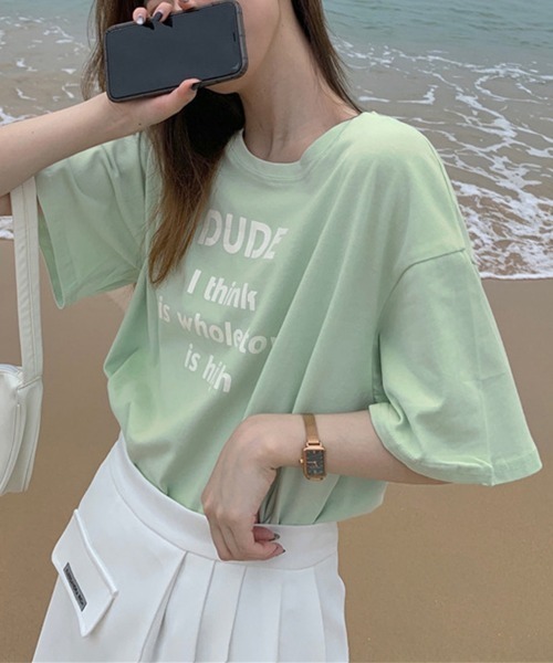 Miniministore（ミニミニストア）の「英字ロゴプリント半袖Tシャツスリット入り（Tシャツ/カットソー・レディース・ホワイト/イエロー/ライトブルー/ミント・L/M/XL）」の7枚目の写真