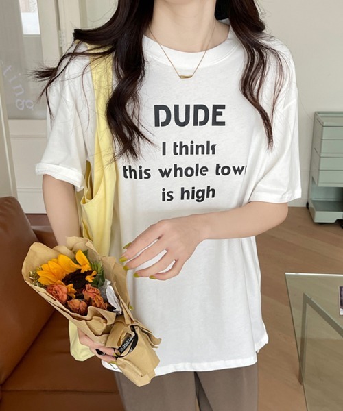 Miniministore（ミニミニストア）の「英字ロゴプリント半袖Tシャツスリット入り（Tシャツ/カットソー・レディース・ホワイト/イエロー/ライトブルー/ミント・L/M/XL）」の8枚目の写真