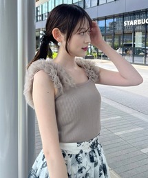 ショルダーチュールコンビニットトップス 夏服 サマーニット