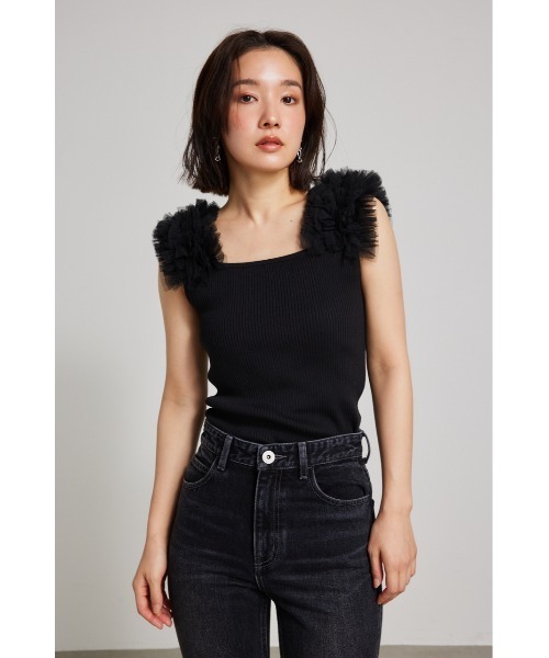 rienda　チュールdesignニット ショルダーチュールコンビニットトップス 夏服 サマーニット