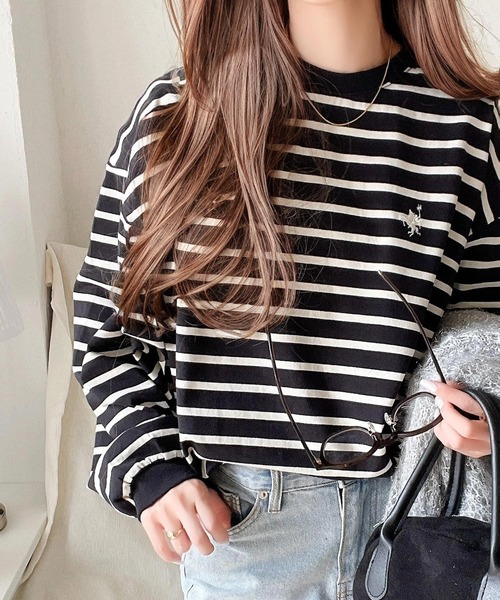 classicalelf(クラシカルエルフ)の「大人カジュアルスタイルに。綿100%着心地抜群の胸刺繍クルーネック長袖Tシャツ(Tシャツ/カットソー・レディース・ブラック系その他/オフホワイト/ブラック/ホワイト×ブラック/グリーン/オートミール・X-LARGE/LARGE/MEDIUM/SMALL)」の7枚目の写真