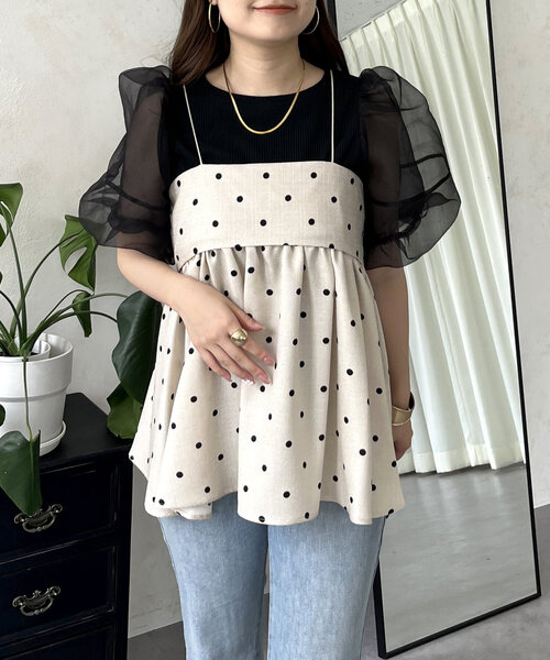 prose verse(プロズヴェール)の「リネンライクナローストラップドットペプラムビスチェ(キャミソール・レディース・ベージュ/ブラック・LARGE/MEDIUM)」の1枚目の写真