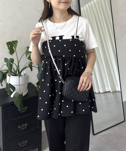 prose verse(プロズヴェール)の「リネンライクナローストラップドットペプラムビスチェ(キャミソール・レディース・ベージュ/ブラック・LARGE/MEDIUM)」の2枚目の写真